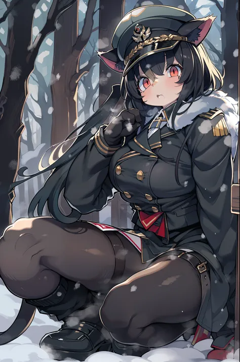 snowy forest, Black hair, Cat ears, Cat Girl, Red Eyes, Kneeling, Nazi officer uniform, Nazi, Germany, Black Officer Uniform,huge-breasted、Hold up a musket、From below