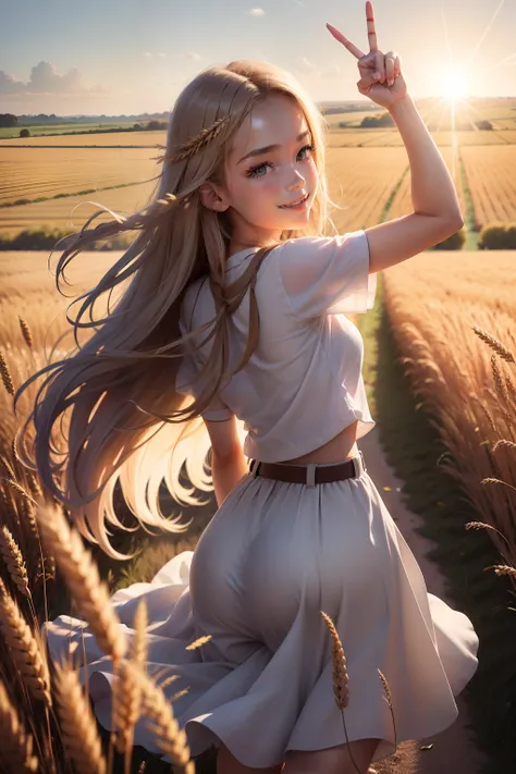 jeune, Moving away, surrounded by wheat fields, looking back, sun light, smiling, posing with a peace sign