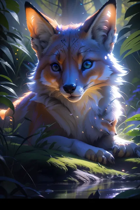 Raposa de cores vivas iriscente com olhos brilhantes e cauda brilhante, ethereal fox, raposa digital iriscente, arte de fantasia digital colorida, arte digital luminescente, Arte digital altamente detalhada em 4k, 8k arte impressionante, Arte bonita UHD 4K...