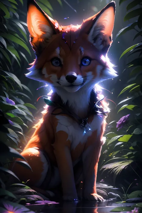 Raposa de cores vivas iriscente com olhos brilhantes e cauda brilhante, ethereal fox, raposa digital iriscente, arte de fantasia digital colorida, arte digital luminescente, Arte digital altamente detalhada em 4k, 8k arte impressionante, Arte bonita UHD 4K...