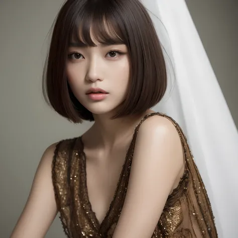 one Filipina model, editorial hairstyle photo, Unique layered bob hairstyle details, Near future , double eyelid, plump lips