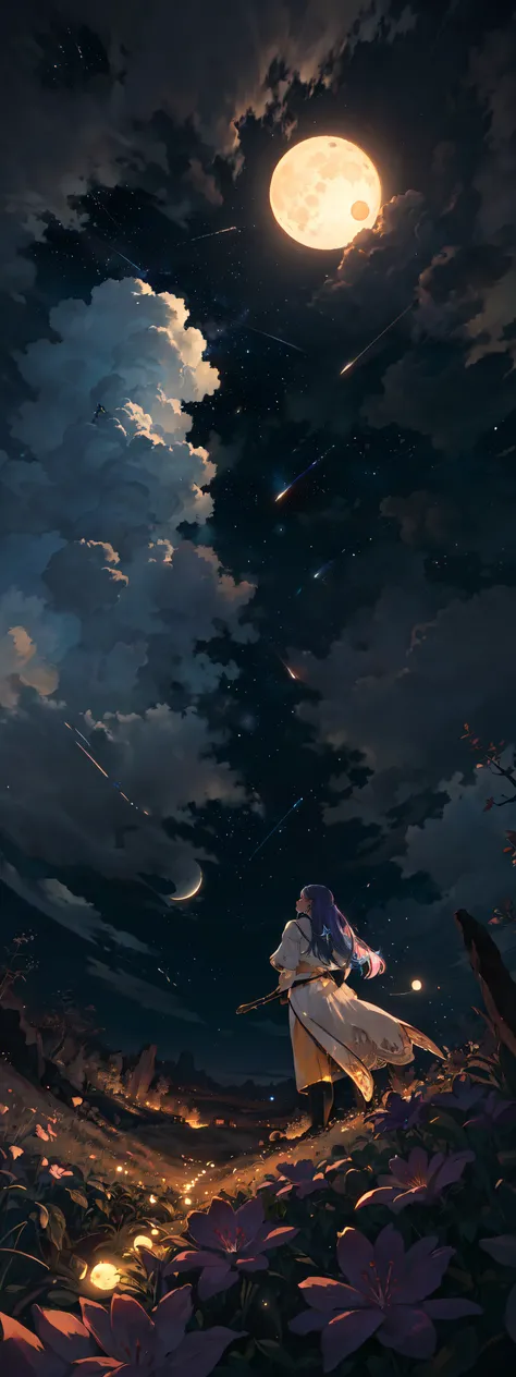 expansive landscape photograph , (a view from below that shows sky above and open field below), a girl standing on flower field looking up, (full moon:1.2), ( shooting stars:0.9), (nebula:1.3), distant mountain, tree BREAK
production art, (warm light sourc...