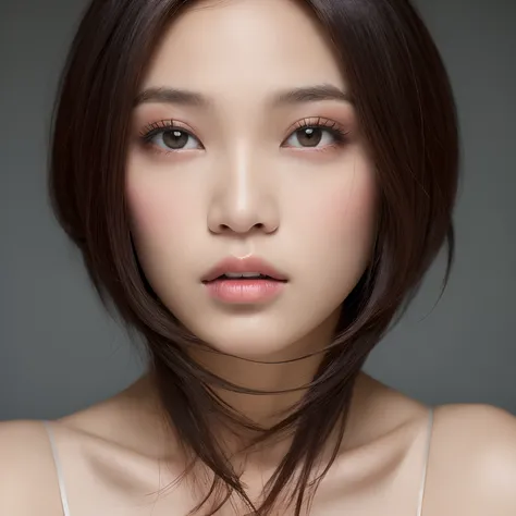 one Filipina model, editorial hairstyle photo, Unique layered bob hairstyle details, Near future , double eyelid, plump lips