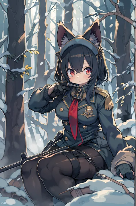 snowy forest, Black hair, Cat ears, Cat Girl, Red Eyes, Kneeling, Nazi officer uniform, Nazi, Germany, Black Officer Uniform,huge-breasted、Raise a sniper rifle、From below