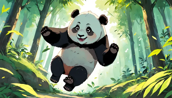 Draw the panda dreaming of running and jumping in a lush forest. The panda is running and jumping among the lush trees, breathing in the fresh air. He is eating the types of leaves he likes, and meeting other animals like squirrels, rabbits, and so on. The...