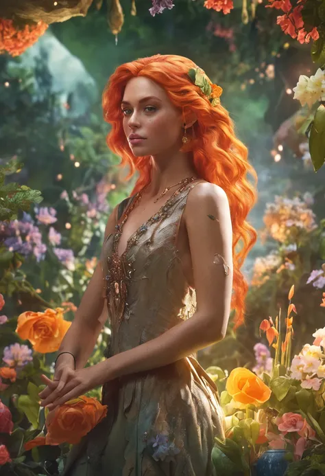 35mm, Incredibly hyper-detailed and intricately realistic, Female, Adult, full body character, Forest nymphs, Adult, Beautiful, Girly, Orange hair, Green eyes, adorned in majestic attire, Flowers in hair, Detailed face, light-skinned, Mature facial feature...