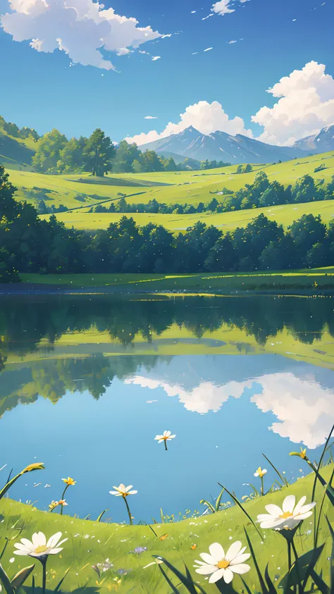 Summer, meadows, few small flowers, clear lakes, sheep, heaven, large clouds, blue sky, hot weather, HD detail, wet watermark, hyper-detail, cinematic, surrealism, soft light, deep field focus bokeh, distant view is snowy mountains, ray tracing, and surrea...