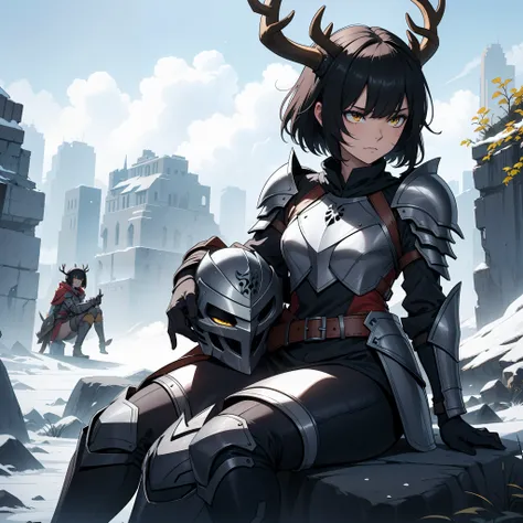 a 1girl, 独奏, knight armor, half-mask of a skull with deer antlers, tired look, yellow eyes, bags under eyes, sitting on a stone,...