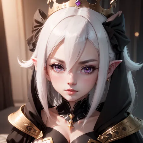 black hair, white hair, crown, heart-shaped pupils, long pointy ears, blush, blush, Surrealism, anime, cinematic lighting, 8k, super detail, UHD, 16k