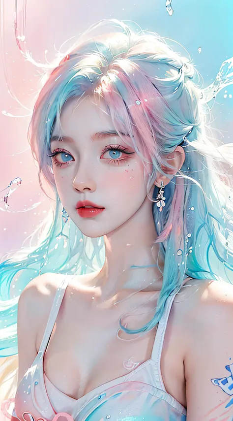 (Masterpiece, Best Quality, High Resolution), White Background, Acrylic Paint, ((Color Splash, Splash of Ink, Color Splash)), Sweet Chinese Girl, Long Light Blue Hair, [Light Blue|Pink] Hair, Curly Hair, Glitter, Peach Lips, White Shirt, Front, Upper Body