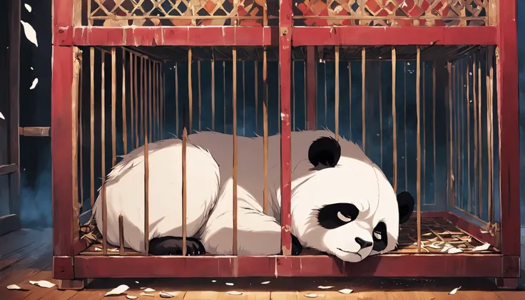 Draw a sad panda lying in its cage, slowly falling asleep