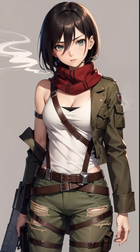 aot style, shingeki no kyojin,

mikasa ackerman,cleavage，off-the-shoulder attire，cut shirt

1girl, arm strap, bangs, black hair,...