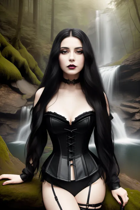 masterpiece, best quality, {30 year old female}, long black hair, expressionless, windswept hair, black leather corset, black lipstick, detailed eyes, forest background, waterfall {eroticism 1.5}