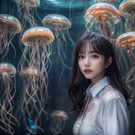 (Background, There are many colorful jellyfish in the aquarium aquarium):1.5, Standing in front of the aquarium, (high shadows detail), (medium hair, dark brown hair),  best quality, masterpiece, ultra high res, (photorealistic:2), RAW photo, (1woman:1.3, ...