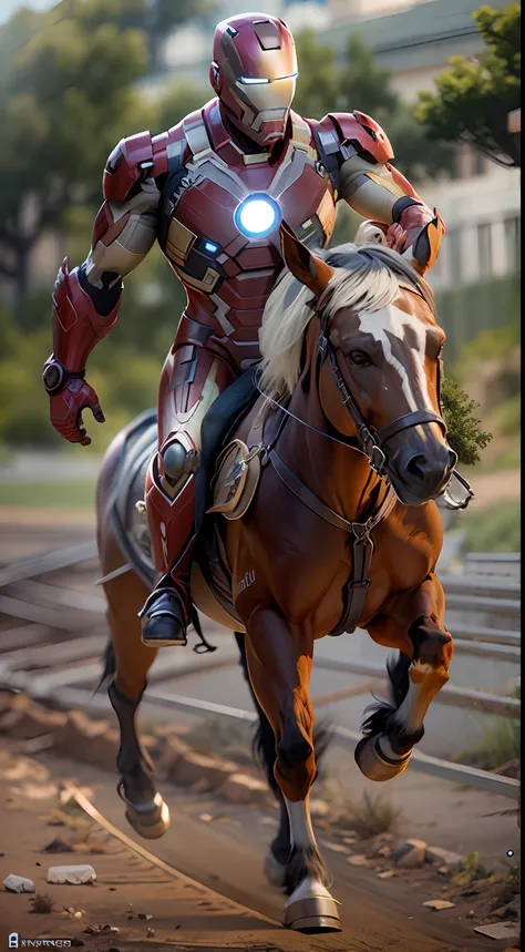 Ironman riding horse. octane render, unreal engine, highly detailed, intricate