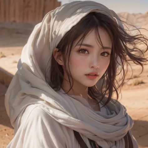 (Background, Intricately drawn desert area, planetes):1.3, (high shadows detail), (medium hair, dark brown hair),  best quality, masterpiece, ultra high res, (photorealistic:1.3), RAW photo, (1woman:1.3, solo), (asian girl, ultra delicate face, ultra delic...