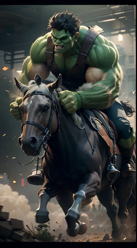 Hulk riding horse. octane render, unreal engine, highly detailed, intricate