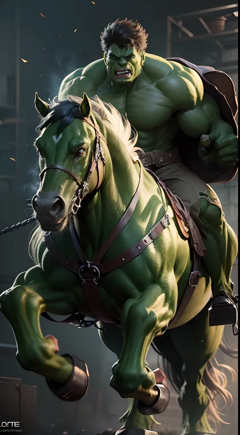 Hulk riding horse. octane render, unreal engine, highly detailed, intricate