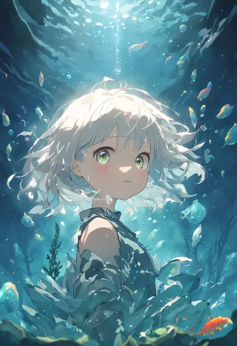 Undersea juvenile silver-haired shell house，Girl with short white hair，Colorful bubbles，A plant，Glowing small fish，Sparkling，ocean floor，( reasonable design, Clear lines, High sharpness,Best quality, Very detailed, Masterpiece, movie light effect, 4K )