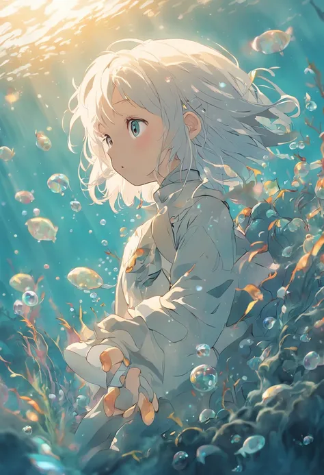 Undersea juvenile silver-haired shell house，Girl with short white hair，Colorful bubbles，A plant，Glowing small fish，Sparkling，ocean floor，( reasonable design, Clear lines, High sharpness,Best quality, Very detailed, Masterpiece, movie light effect, 4K )