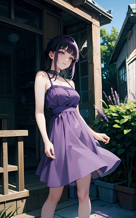 a close up of a woman in a purple dress posing for a picture, blunt bangs, purple eyes, dark blue hair