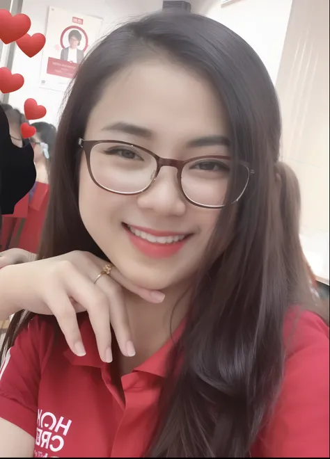 arafed woman in red shirt and glasses smiling at camera, dang my linh, mai anh tran, ruan cute vtuber, profile picture, nivanh chanthara, lovely smile, profile image, professional profile picture, with glasses, friendly smile, very low quality, hoang long ...