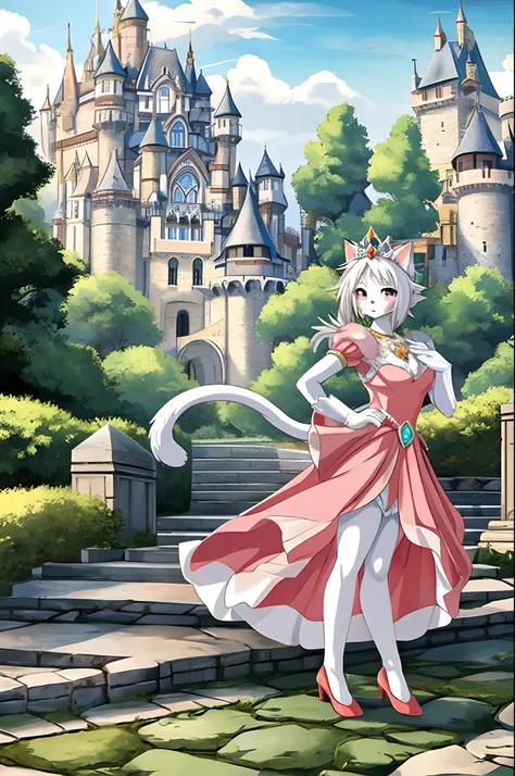 masterpiece, best quality, anime style illustration, 1girl, solo, cat woman, furry, castle background, outside, princess, pink dress, white gloves, tiara, accessory, white legwear, pumps