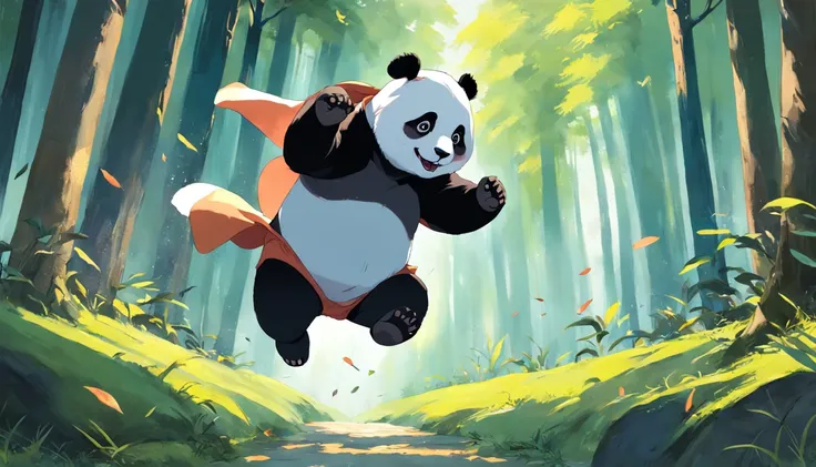 Draw a panda running and jumping in the forest, blending in with nature. The panda has fulfilled his dream, and is enjoying his new life. The painting should use bright, vibrant colors to express the pandas happiness and freedom.