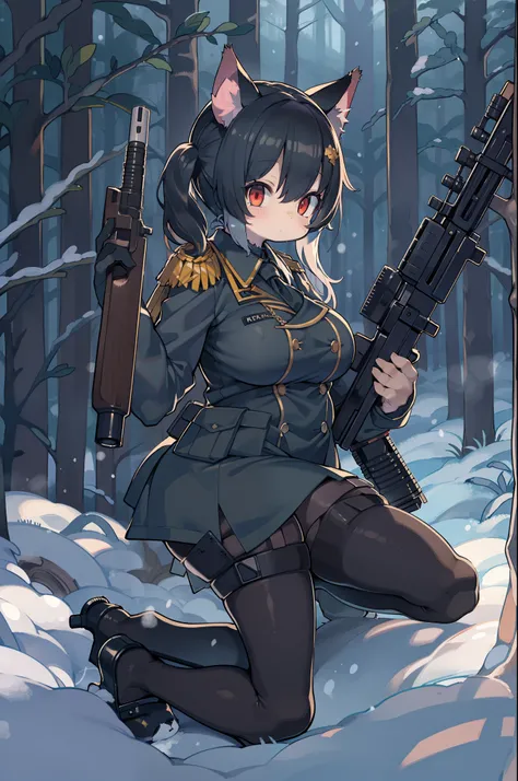 snowy forest, Black hair, Cat ears, Cat Girl, Red Eyes, Kneeling, Nazi officer uniform, Nazi, Germany, Black Officer Uniform,huge-breasted、Giant Sniper Rifle、From the top、Overhead view