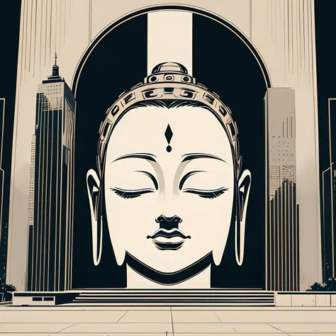 mural, buddha, flat color, minimal art, minimalist_sci-fi_dystopia