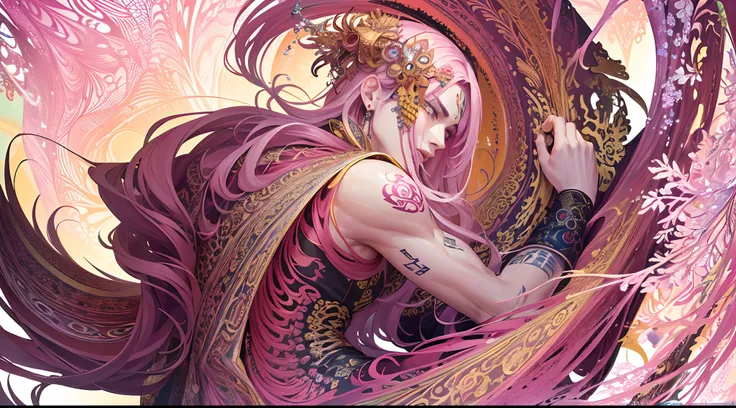 (masterpiece, top quality, best quality, official art, beautiful and aesthetic:1.2), (1male), extreme detailed,(fractal art:1.3),colorful,highest detailed, male with light pink long hair, yellow eyes, body covered in Yakuza style tattoos