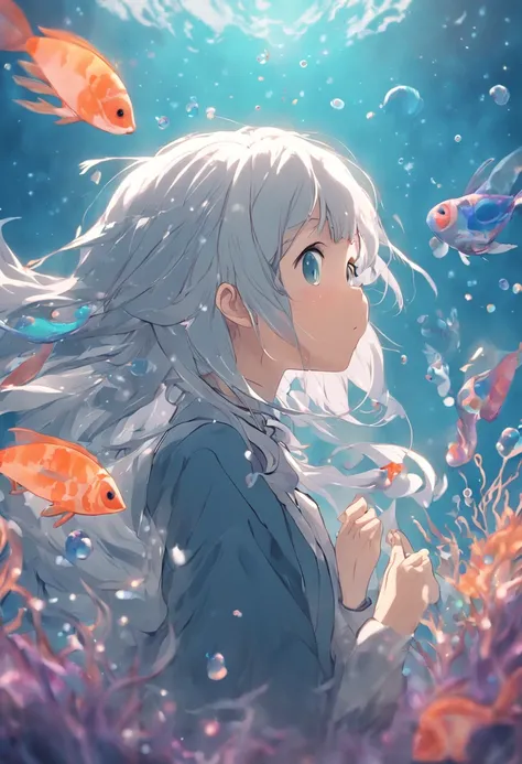 Silver-haired girl under the sea，Juvenile silver-haired shell house，Colorful bubbles，Small fish shining brightly，Clear lines，Best quality，The is very detailed，A unique plant，movie light effect，4K。