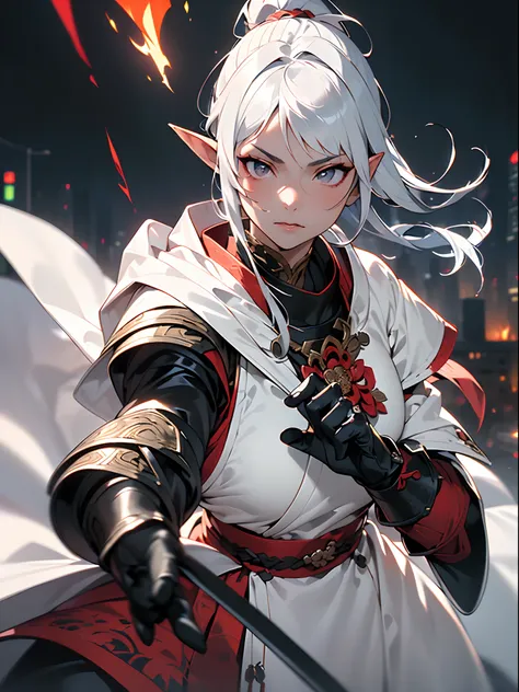 ((jpn)),((Best Quality)),((Beautifully painted)),((hight resolution)),1girl in,(((Beautiful elven daughter who shoots thunder from her whole body))),(((onmyouji))),(((suikan))),((White cloak with red decoration)),Luminescent bushy silver-haired ponytail,Sh...