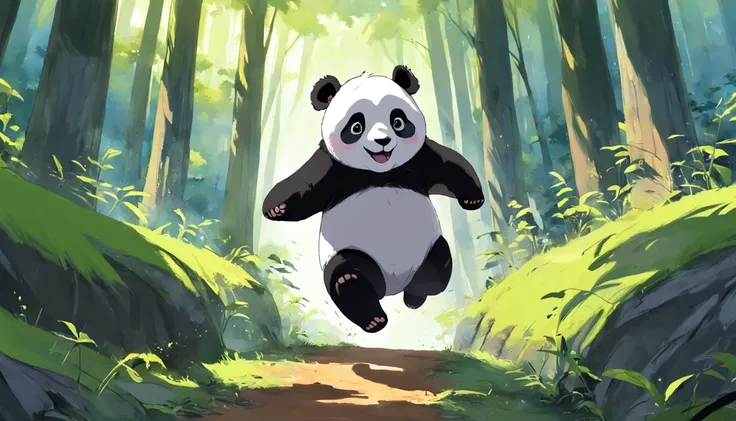 Draw a panda running and jumping in the forest, blending in with nature. The panda has fulfilled his dream, and is enjoying his new life. The painting should use bright, vibrant colors to express the pandas happiness and freedom.