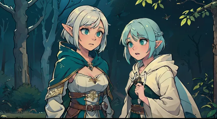 duo: elven female ( white colored hair, green eyes )squatting ( concerned: 1,3 ) , elven female( white colored hair, cyan eyes )...