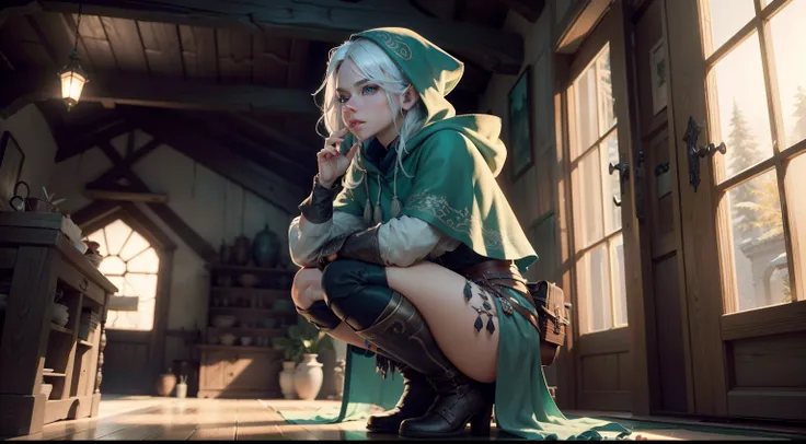 duo: Elven female ( white colored hair, Green eyes )Squatting ( concerned: 1,3 ) , Elven female( white colored hair, Cyan eyes ) Squatting, vibe (( In a house from Skyrim, stealing things)) (Add Characters stealing) ( Firefly: 1,2) ( Wear magical cloaks wi...