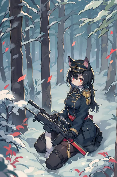 snowy forest, Black hair, Cat ears, Cat Girl, Red Eyes, Kneeling, Nazi officer uniform, Nazi, Germany, Black Officer Uniform,huge-breasted、Giant Sniper Rifle、From the top、Overhead view