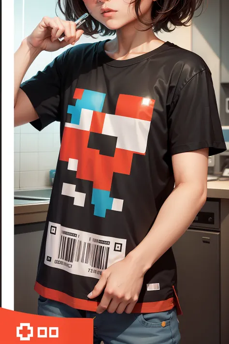 t-shirt design, blended qr-code, pixel art, abstract