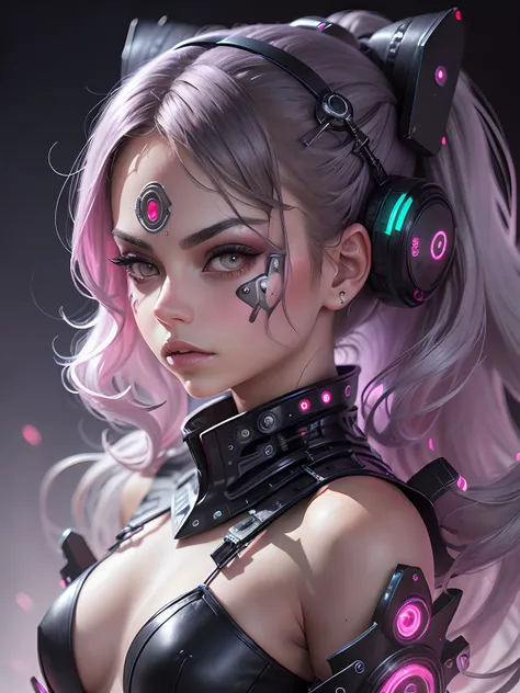 A photograph of preteen fairy goth robot Mila Kunis android made of transparent glass, pink and silver plastic, geisha makeup and hairstyle, black metal internal mechanisms, dynamic pose, flowing organic construction, detailed designs, glowing colorful cir...