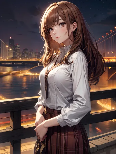 Best Quality, masutepiece, beautiful mature women、Beautiful face、Strong-minded woman、dressed casually、brown haired、Brown-eyed、Longhaire、Full body like、Undersized eyes、Suspension bridge、nighttime scene