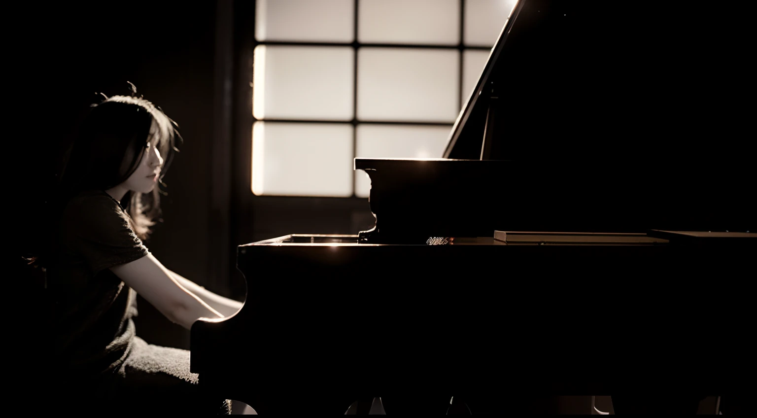 Polished monochrome header image、Solo Woman、Female musicians、Top quality advertising photos、Portrait of a musician、piano、独奏、There is a woman sitting in front of a piano in front of a window, set in tokyo rooftop, Cinematic afternoon light, Delicate female ...