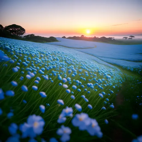 A vast field of nemophila flowers, sunset, mystical, magical, topaz mask, dark fog, dappled light, atmospheric, cinematic, by Studio Ghibli