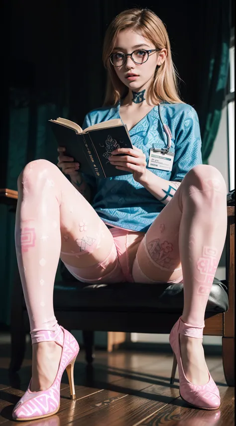 (full body:1.5)，(((1girl)):1.3),(view the viewer:1.4)，((anatomy correct):1.45),((Sitting in the forest):1.2),(He wears large glasses and holds a book in his hand:1.15),(shy:1.15)，((nursing type uniform):1.2),(((((((Patterned)))))) ,(pantyhose):1.3),((((Pin...