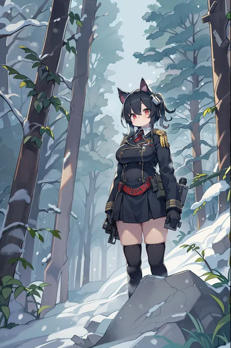 snowy forest, Black hair, Cat ears, Cat Girl, Red Eyes, Kneeling, Nazi officer uniform, Nazi, Germany, Black Officer Uniform,huge-breasted、Giant Sniper Rifle、From the top、Overhead view