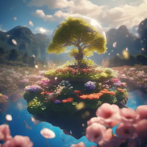 ccurate, best quality, masterpiece, UHD, high details, award winning, (Amazing:2.0), (Surrealism), Conceptual art, Verism, cinematic lighting, floating island in the sky, (((beautiful flower garden))), the garden floats in the sky, Horizon, blue sky, parad...