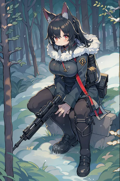 snowy forest, Black hair, Cat ears, Cat Girl, Red Eyes, Kneeling, Nazi officer uniform, Nazi, Germany, Black Officer Uniform,huge-breasted、Giant Sniper Rifle、From the top、Overhead view