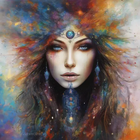 A creepy sorceress，of mixed-media abstract artwork，Has striking eyes and long hair，highly detailed eye，mediuml breasts，（fine art），（Paint splashes and splashes of nebula colors on canvas 1.2），[thick，dampness，Shiny dripping paint]，ink，Pencil shadow，Award-Awa...