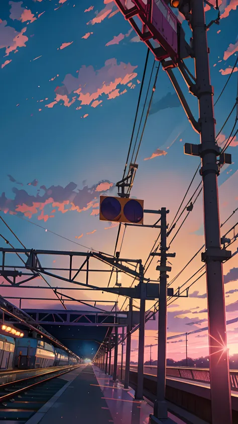 anime scene of a train passing under a pink and purple sky, beautiful anime scene, cosmic skies. by makoto shinkai, ( ( makoto shinkai ) ), by makoto shinkai, by Makoto Shinkai, anime background art, style of makoto shinkai, makoto shinkai. —h 2160, mokoto...