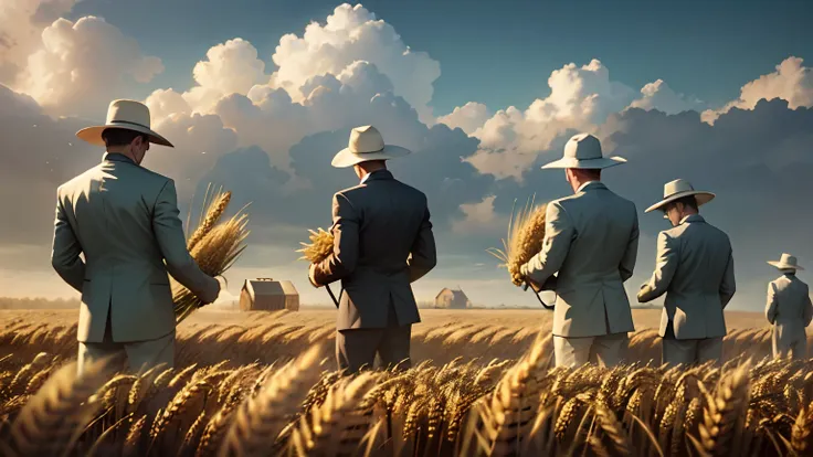 of a real, Three people were harvesting wheat in the field, All in suits and ties，White skin，Wheat cultivation, epic biblical representation, 8K  UHD, Cinematic lighting, High quality, --s2