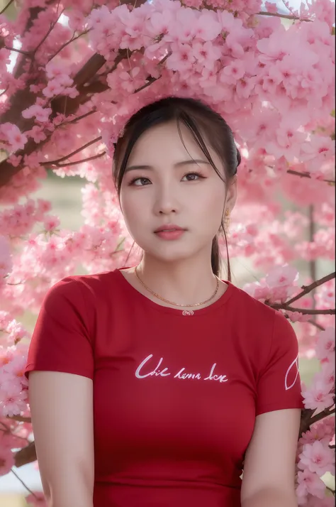 arafed woman in red shirt sitting under a tree with pink flowers, mai anh tran, dang my linh, inspired by Yao Tingmei, profile image, vietnamese woman, phuoc quan, ao dai, hoang long ly, xiang duan, qifeng lin, author li zhang, portrait image, xintong chen...